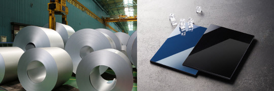 환경성적표지인증을 취득한 동국제강 도금강판(왼쪽) 제품과 럭스틸 제품. 동국제강 제공